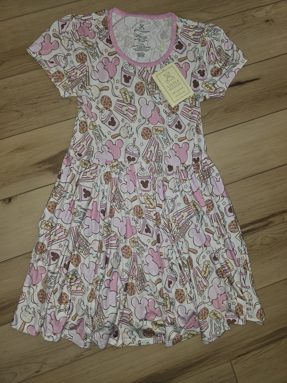NWT White & Pink Mickey&Minnie Park Snack Print Kids Dress Size 12-14